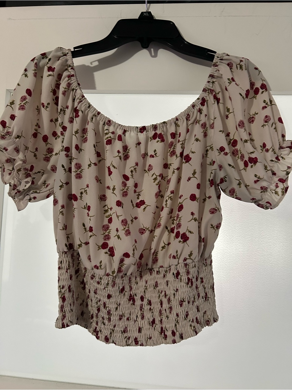 ROMWE Cream Floral Smocked Peasant Top with Pink/Red Roses